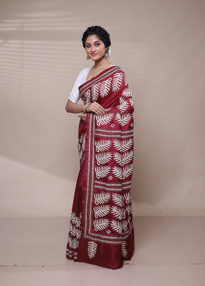 Red Handloom Kantha Stitch Pure Silk Saree With Blouse Piece