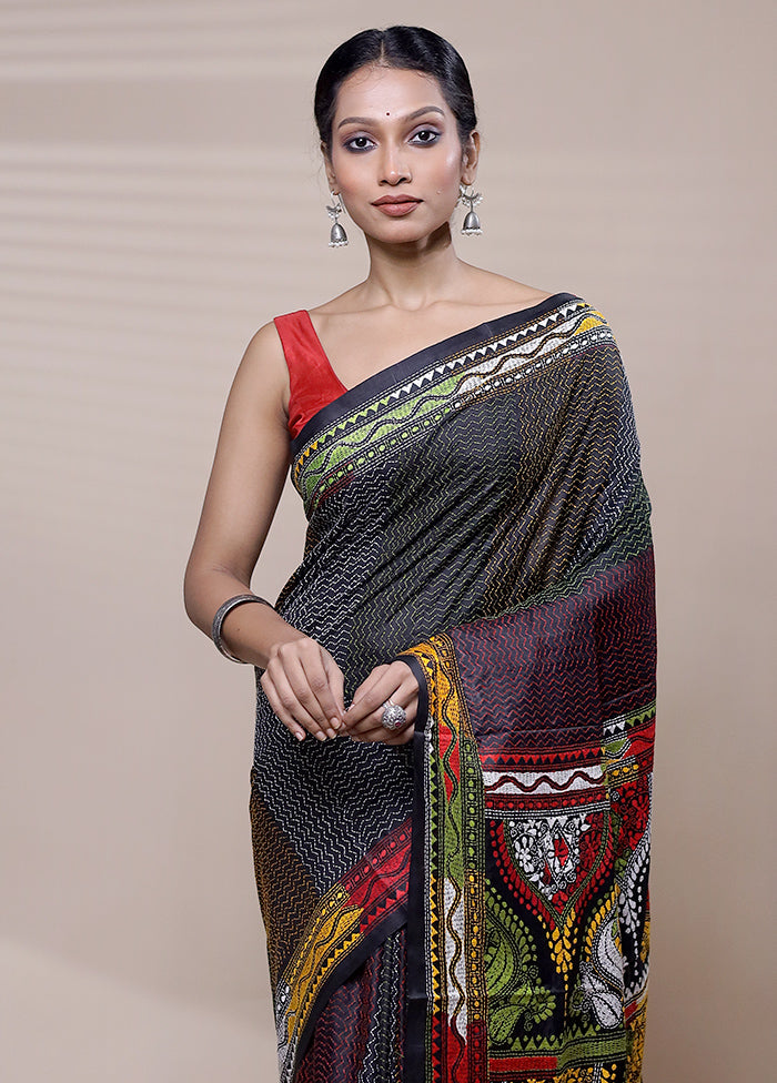 Black Handloom Kantha Stitch Pure Silk Saree With Blouse Piece