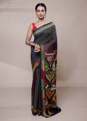 Black Handloom Kantha Stitch Pure Silk Saree With Blouse Piece