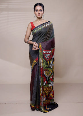 Black Handloom Kantha Stitch Pure Silk Saree With Blouse Piece