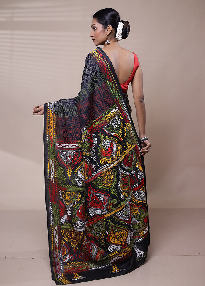 Black Handloom Kantha Stitch Pure Silk Saree With Blouse Piece