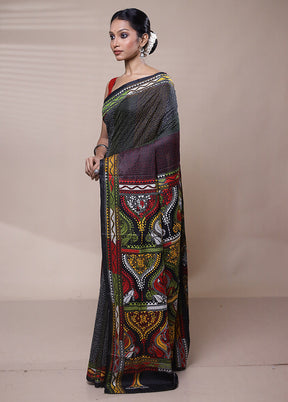 Black Handloom Kantha Stitch Pure Silk Saree With Blouse Piece