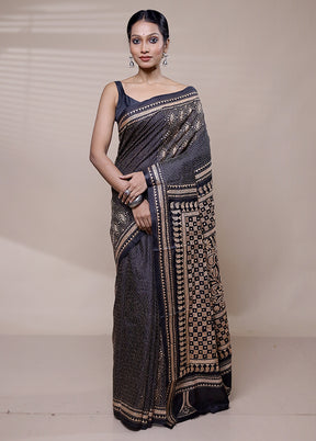 Black Handloom Kantha Stitch Pure Silk Saree With Blouse Piece