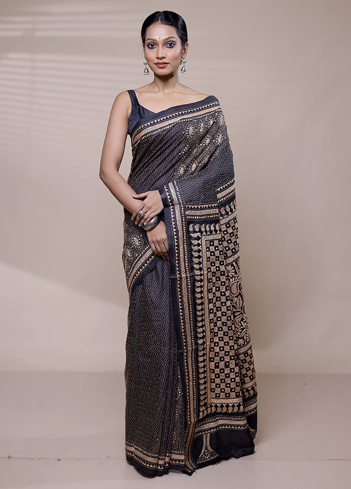 Black Handloom Kantha Stitch Pure Silk Saree With Blouse Piece