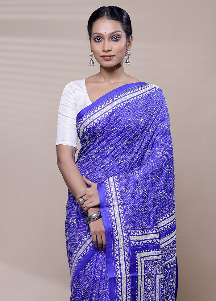 Blue Handloom Kantha Stitch Pure Silk Saree With Blouse Piece