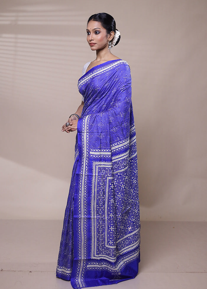 Blue Handloom Kantha Stitch Pure Silk Saree With Blouse Piece