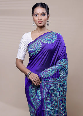 Blue Handloom Kantha Stitch Pure Silk Saree With Blouse Piece