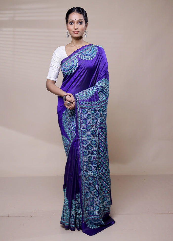 Blue Handloom Kantha Stitch Pure Silk Saree With Blouse Piece