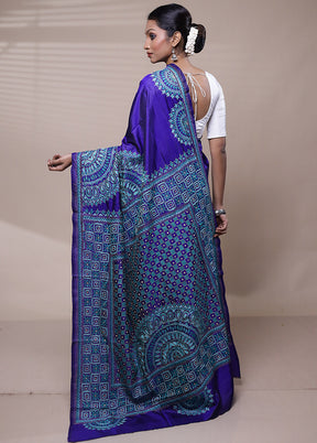 Blue Handloom Kantha Stitch Pure Silk Saree With Blouse Piece