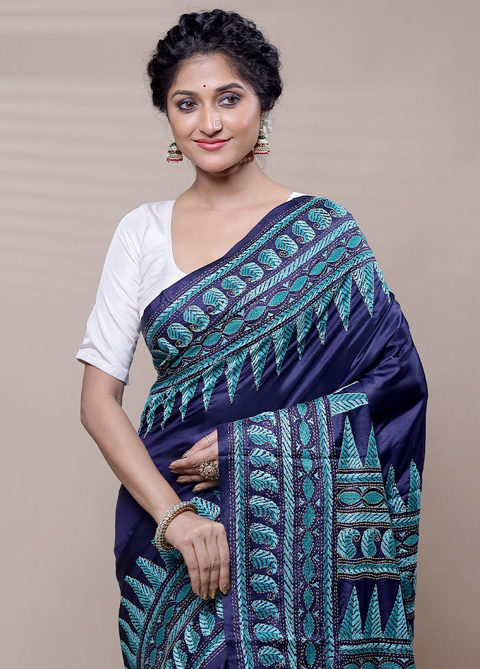 Blue Handloom Kantha Stitch Pure Silk Saree With Blouse Piece