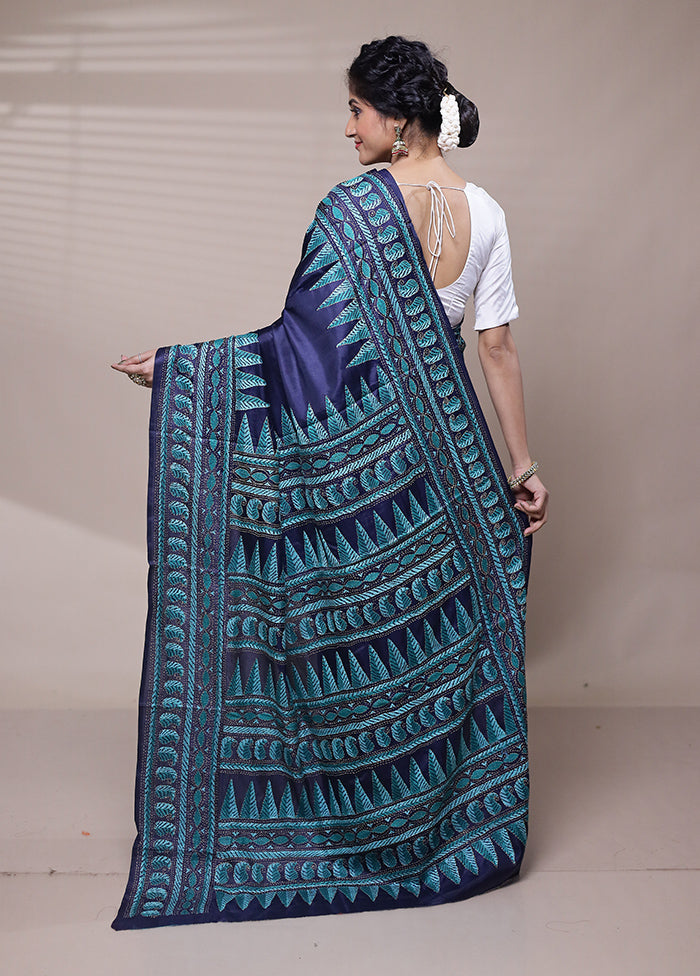 Blue Handloom Kantha Stitch Pure Silk Saree With Blouse Piece