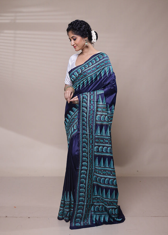 Blue Handloom Kantha Stitch Pure Silk Saree With Blouse Piece