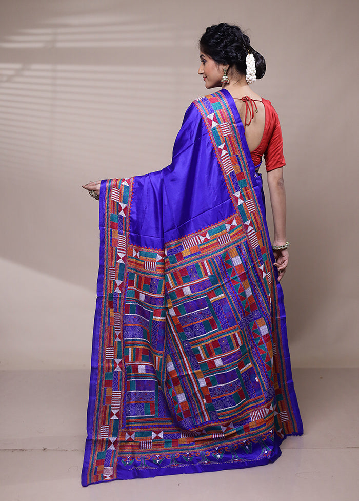 Blue Handloom Kantha Stitch Pure Silk Saree With Blouse Piece