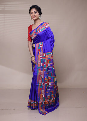 Blue Handloom Kantha Stitch Pure Silk Saree With Blouse Piece