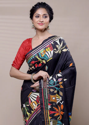 Black Handloom Kantha Stitch Pure Silk Saree With Blouse Piece