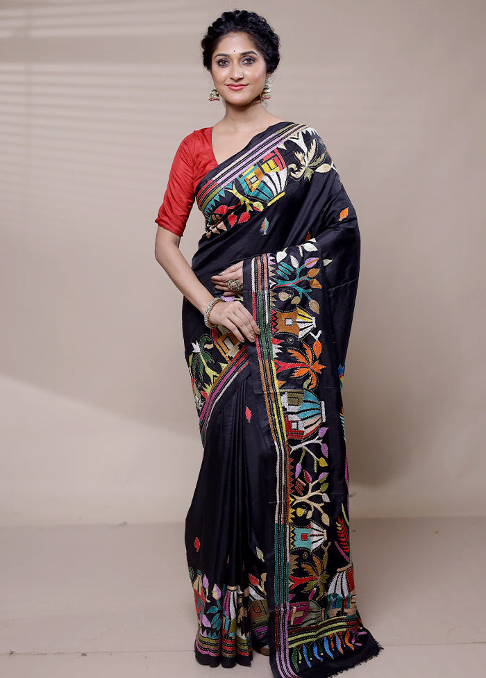 Black Handloom Kantha Stitch Pure Silk Saree With Blouse Piece