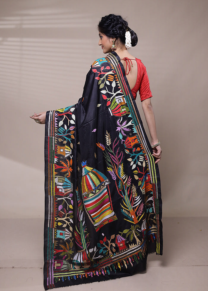 Black Handloom Kantha Stitch Pure Silk Saree With Blouse Piece