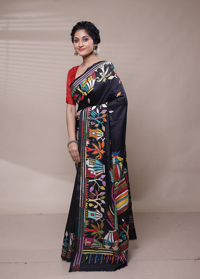 Black Handloom Kantha Stitch Pure Silk Saree With Blouse Piece