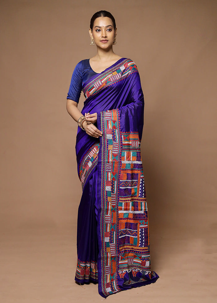 Blue Handloom Kantha Stitch Pure Silk Saree With Blouse Piece