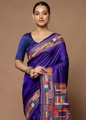 Blue Handloom Kantha Stitch Pure Silk Saree With Blouse Piece