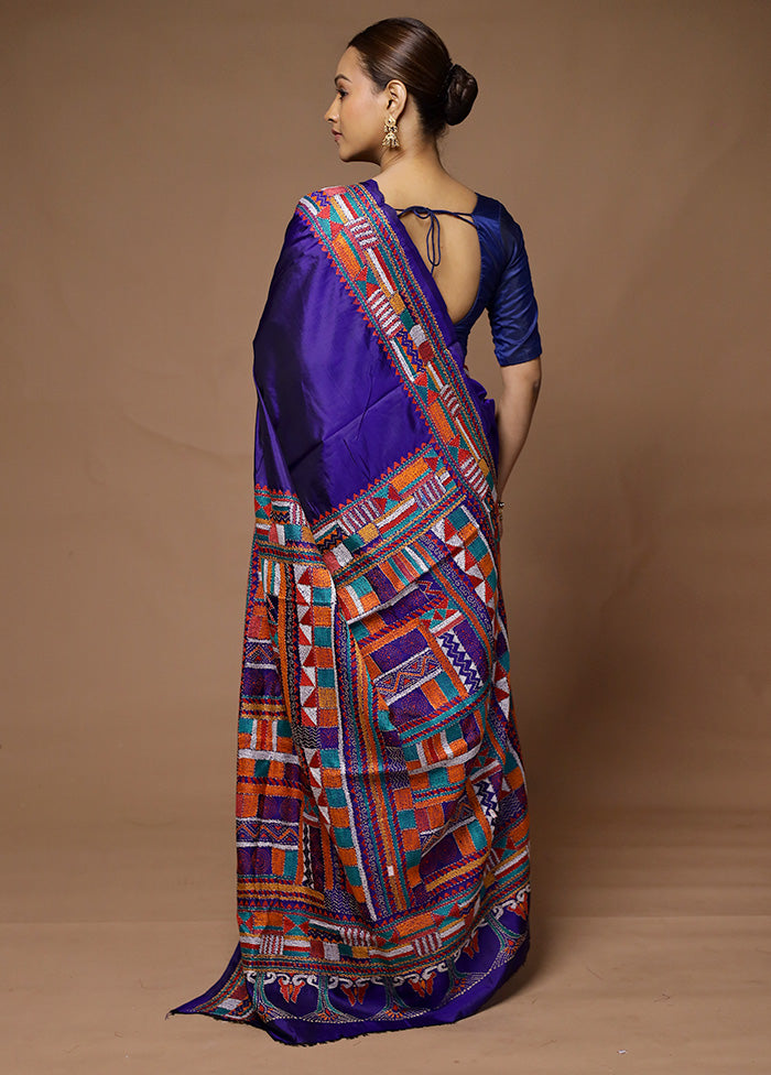 Blue Handloom Kantha Stitch Pure Silk Saree With Blouse Piece