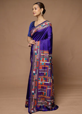 Blue Handloom Kantha Stitch Pure Silk Saree With Blouse Piece