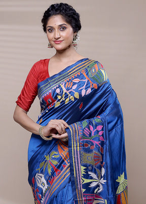 Blue Handloom Kantha Stitch Pure Silk Saree With Blouse Piece