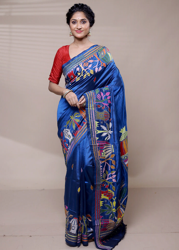 Blue Handloom Kantha Stitch Pure Silk Saree With Blouse Piece