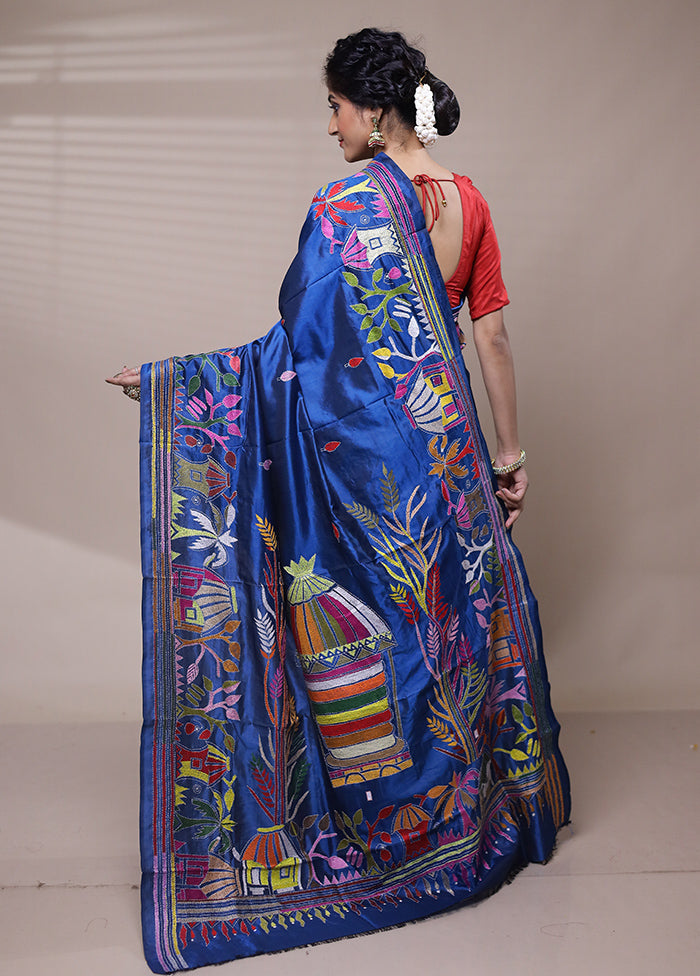 Blue Handloom Kantha Stitch Pure Silk Saree With Blouse Piece