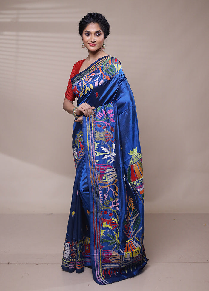 Blue Handloom Kantha Stitch Pure Silk Saree With Blouse Piece