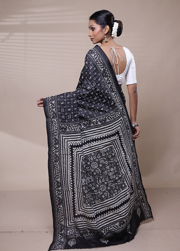 Black Handloom Kantha Stitch Pure Silk Saree With Blouse Piece