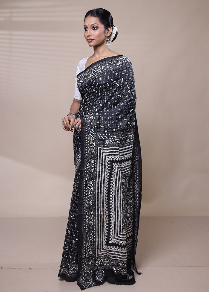 Black Handloom Kantha Stitch Pure Silk Saree With Blouse Piece