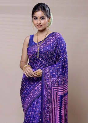 Purple Handloom Kantha Stitch Pure Silk Saree With Blouse Piece