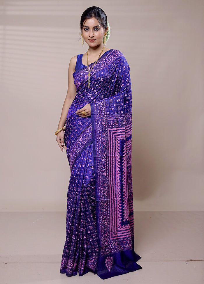 Purple Handloom Kantha Stitch Pure Silk Saree With Blouse Piece