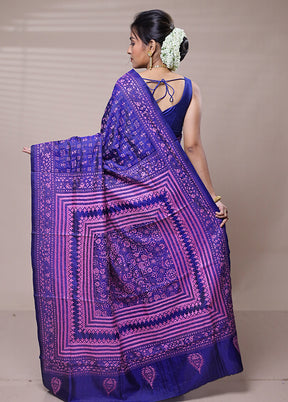 Purple Handloom Kantha Stitch Pure Silk Saree With Blouse Piece