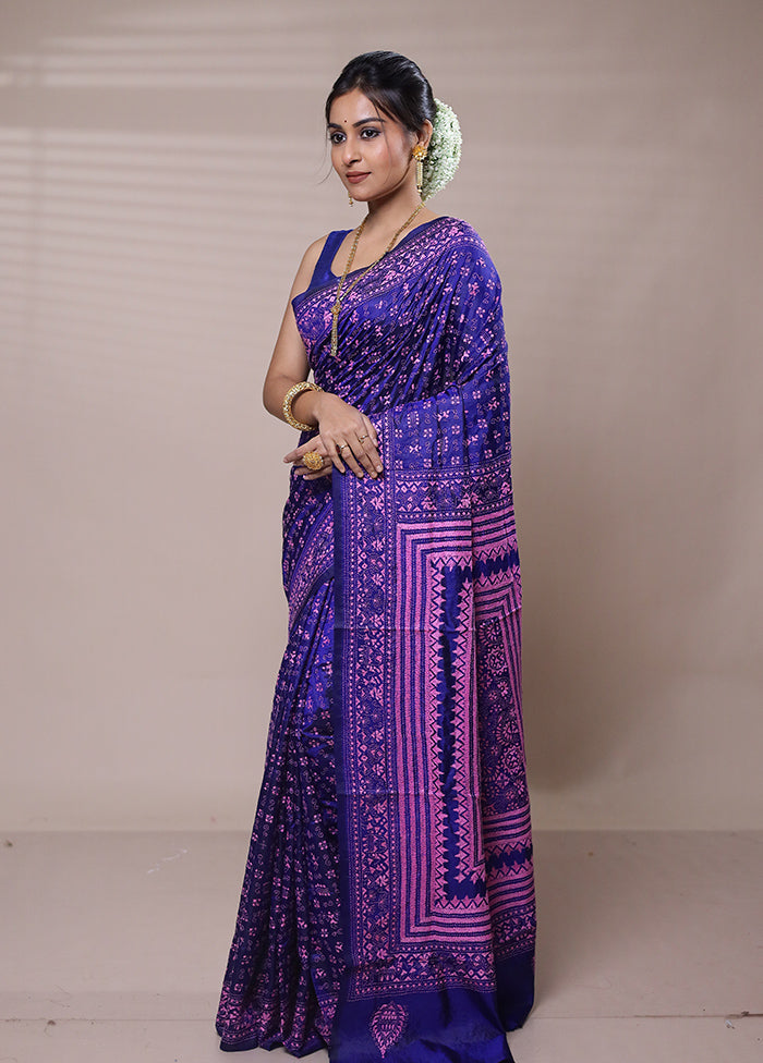 Purple Handloom Kantha Stitch Pure Silk Saree With Blouse Piece