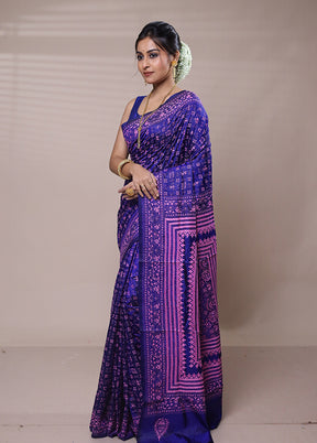 Purple Handloom Kantha Stitch Pure Silk Saree With Blouse Piece