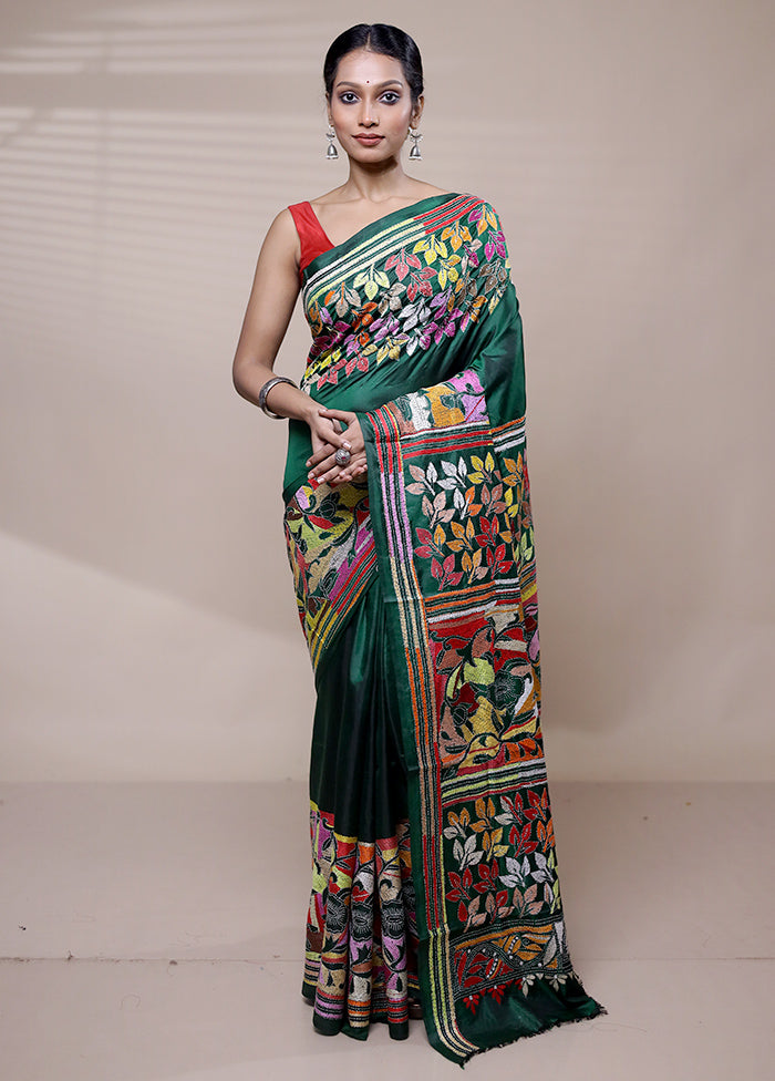 Green Handloom Kantha Stitch Pure Silk Saree With Blouse Piece