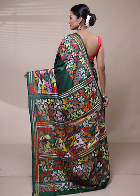 Green Handloom Kantha Stitch Pure Silk Saree With Blouse Piece