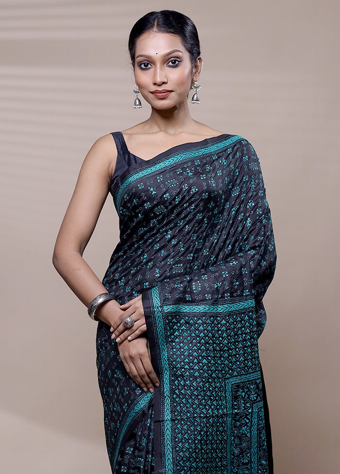 Black Handloom Kantha Stitch Pure Silk Saree With Blouse Piece