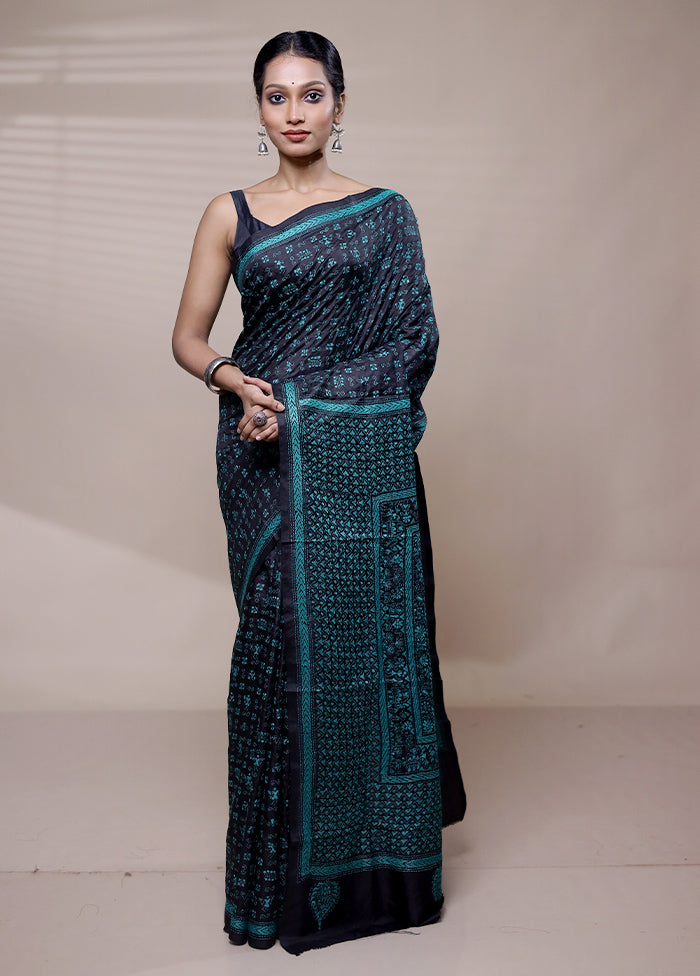 Black Handloom Kantha Stitch Pure Silk Saree With Blouse Piece