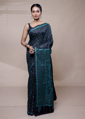 Black Handloom Kantha Stitch Pure Silk Saree With Blouse Piece