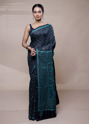 Black Handloom Kantha Stitch Pure Silk Saree With Blouse Piece