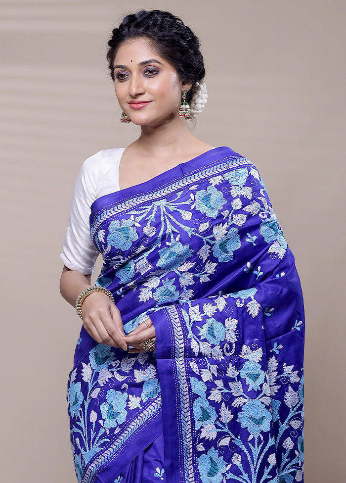 Blue Handloom Kantha Stitch Pure Silk Saree With Blouse Piece