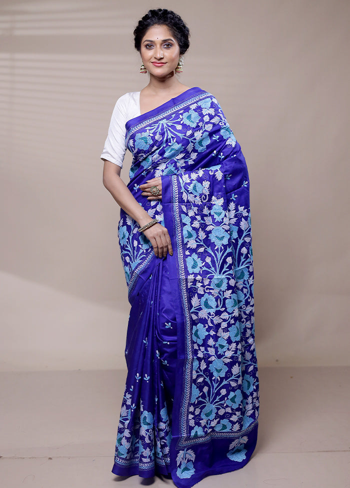 Blue Handloom Kantha Stitch Pure Silk Saree With Blouse Piece