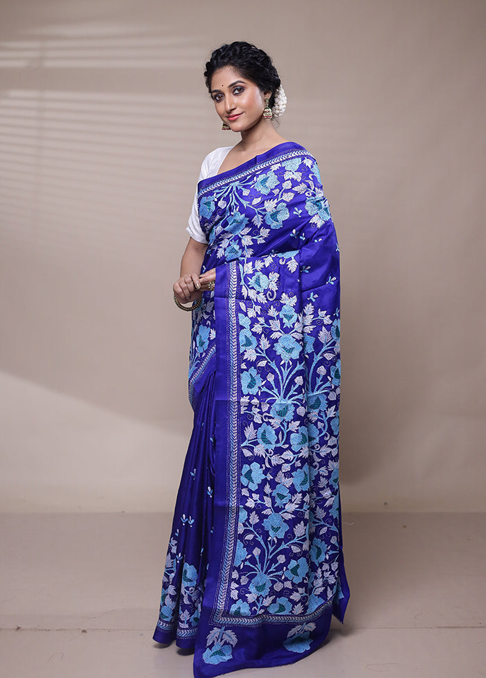 Blue Handloom Kantha Stitch Pure Silk Saree With Blouse Piece