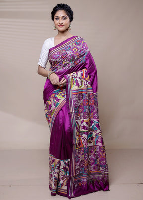 Purple Handloom Kantha Stitch Pure Silk Saree With Blouse Piece