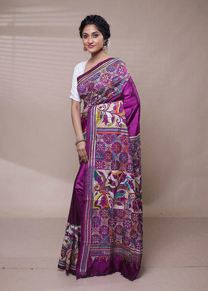 Purple Handloom Kantha Stitch Pure Silk Saree With Blouse Piece