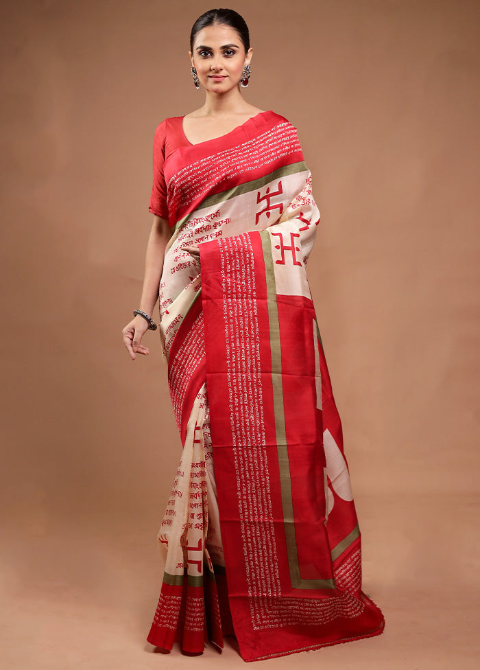 Cream Printed Pure Silk Saree Without Blouse Piece