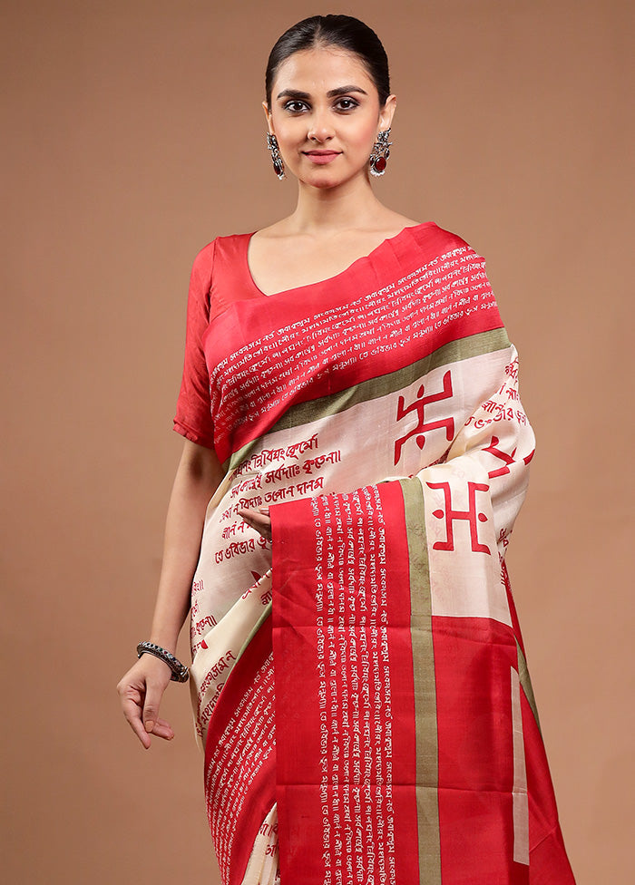 Cream Printed Pure Silk Saree Without Blouse Piece